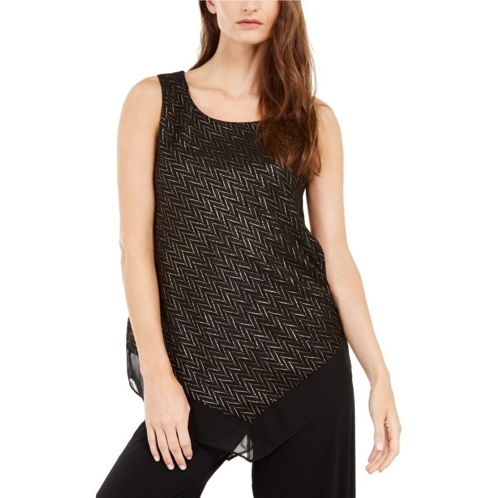 Alfan Sparkle Black Gold Chevron Sheer Hem Tunic Top Women's Size S NWT